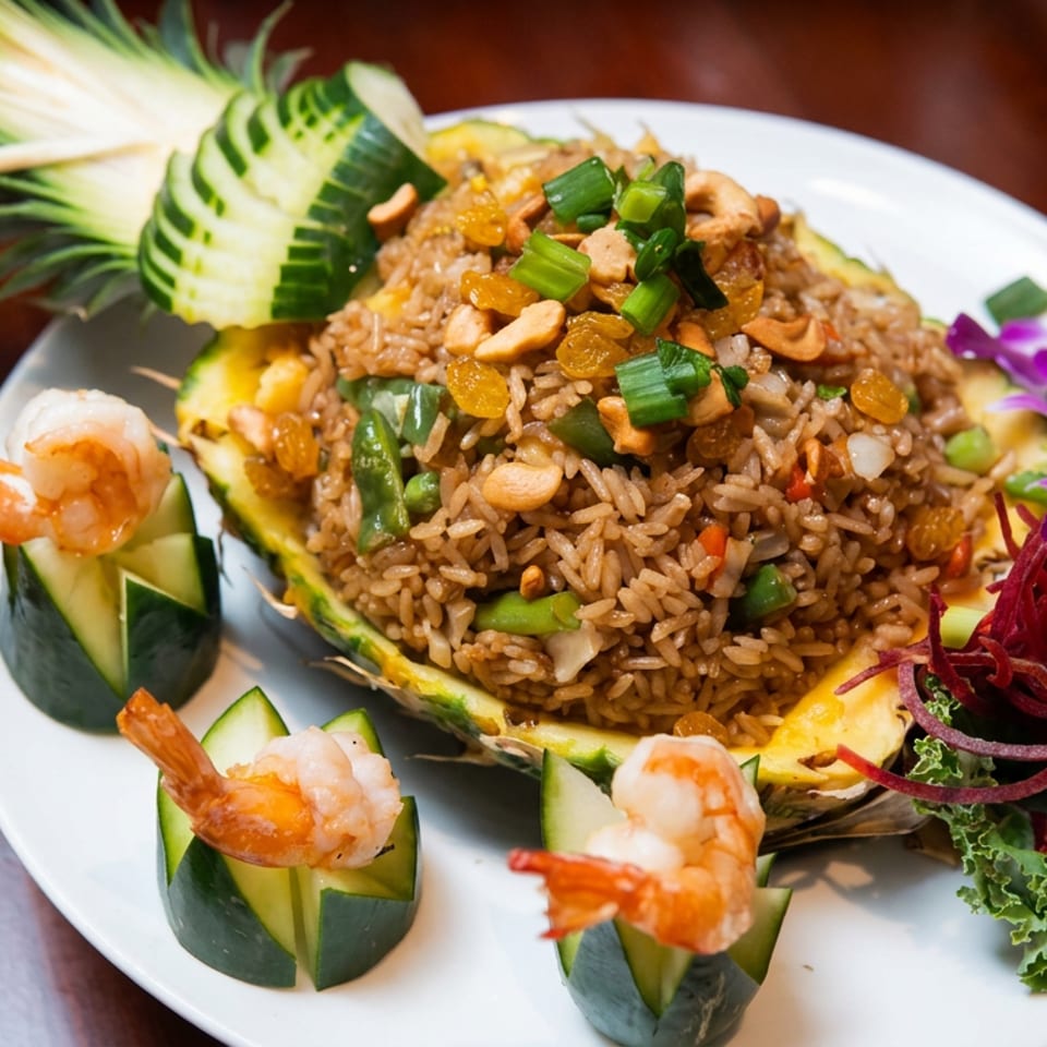 Thai-style pineapple fried rice garnished with shrimp, cashews, raisins, vegetables, cucumber carvings, and edible flowers.