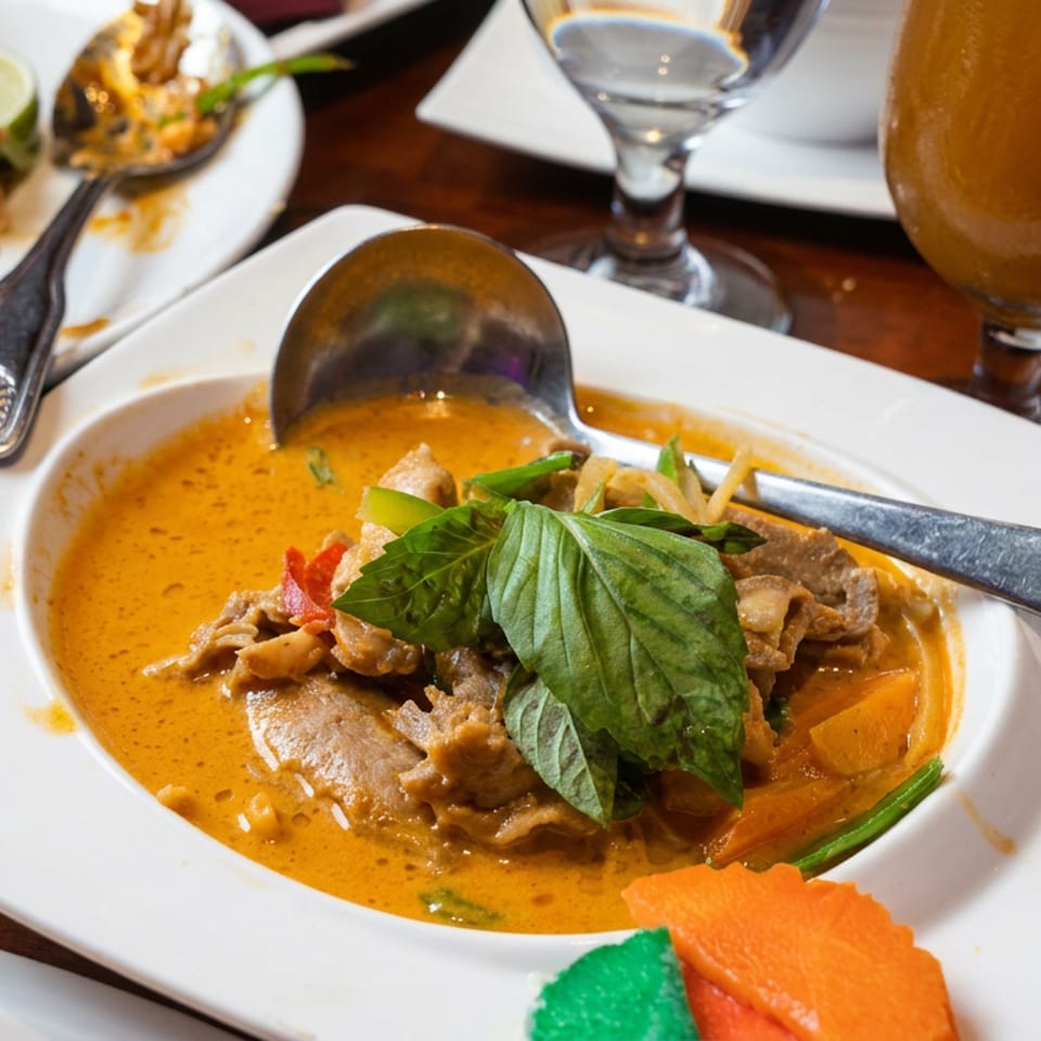 Thai red curry with sliced meat, vegetables, and fresh basil served in a white bowl alongside drinks and utensils.